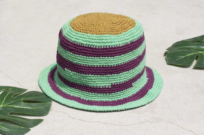 Tanabata gift limit a land of forest wind stitching hand-woven cotton Linen cap / hat / visor / Patchwork cap / hat handmade / hand-crocheted hat / hand-woven - flavor of the summer Matcha green striped cotton Linen milk cap - Hats & Caps - Cotton & Hemp Green