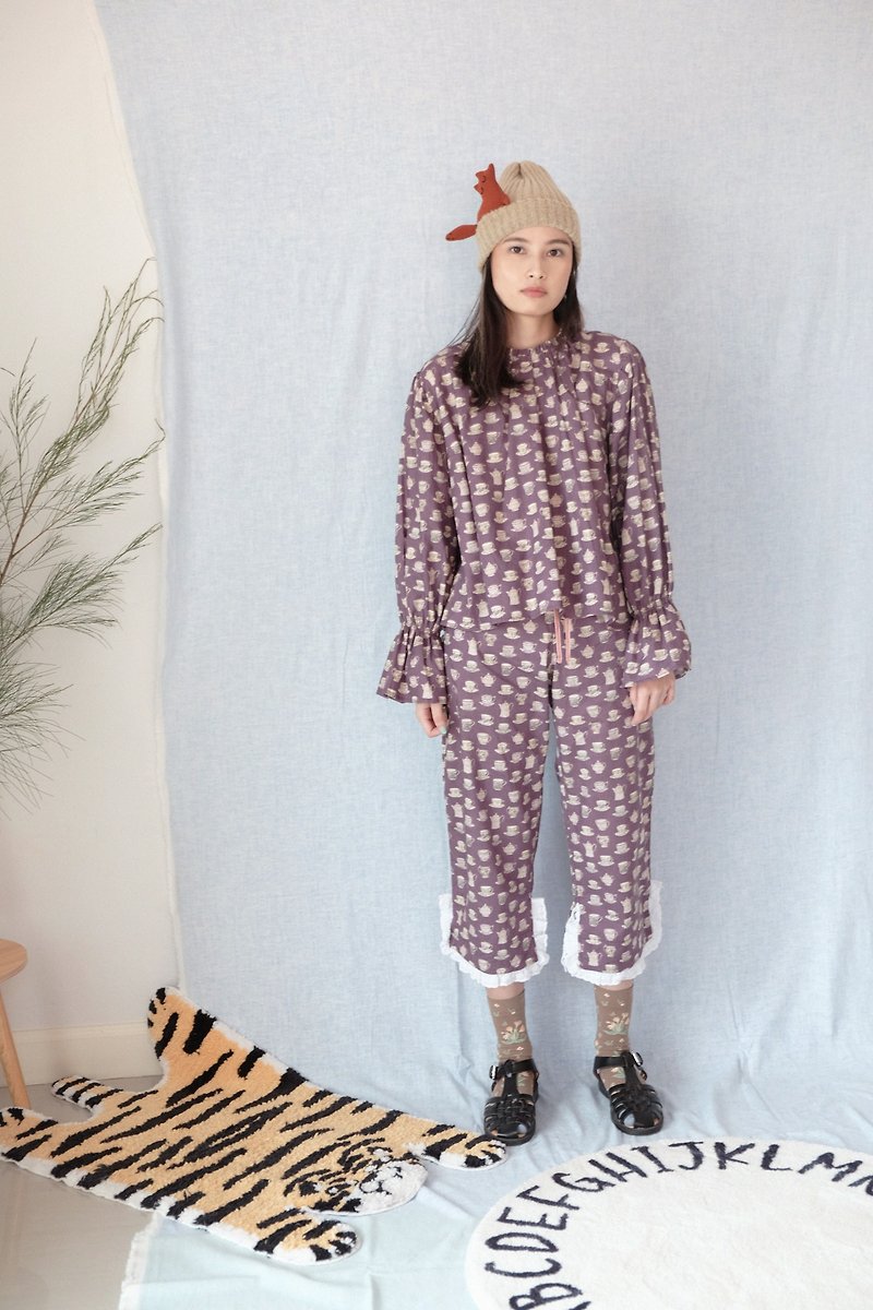 กางเกง Pajamas - Tea cup - กางเกงขายาว - ผ้าฝ้าย/ผ้าลินิน สีม่วง