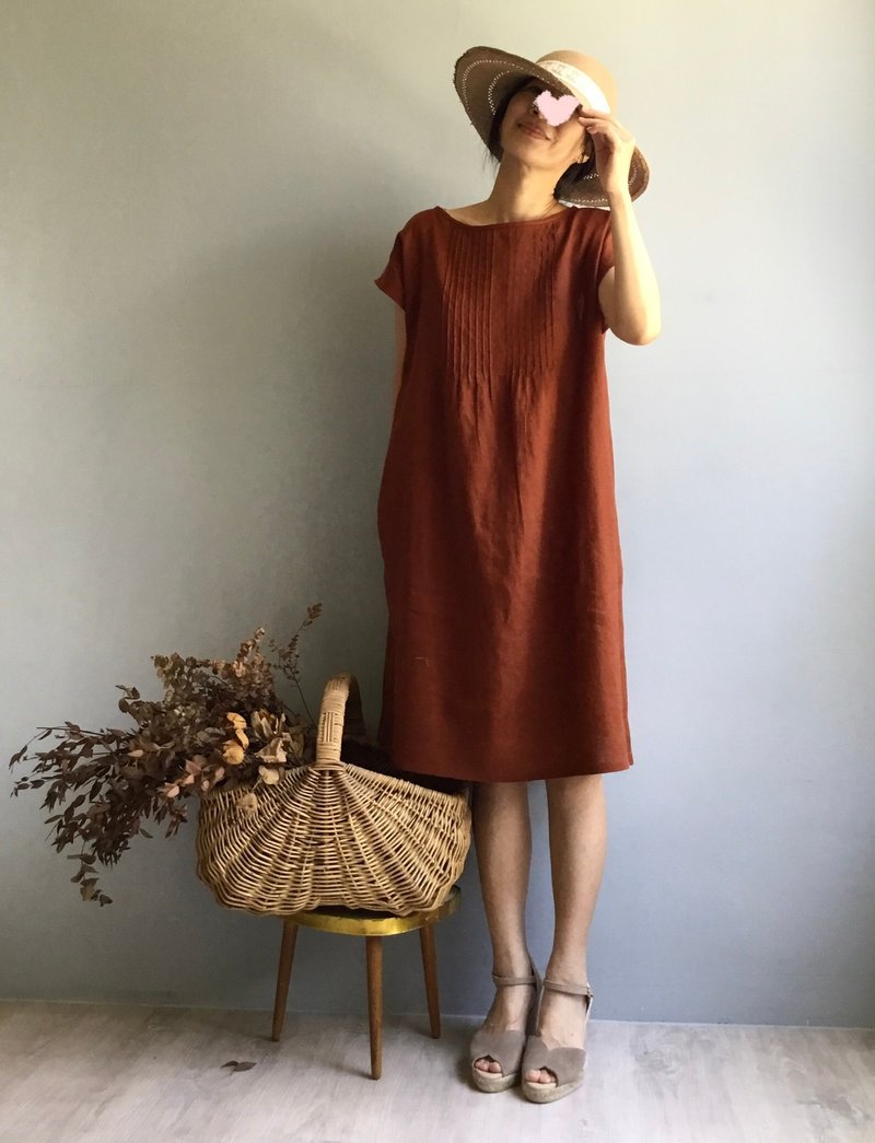 Love of the Century/Classic Antique Red Linen/Accordion Pleated Collar Short Dress 100% Linen - One Piece Dresses - Cotton & Hemp 