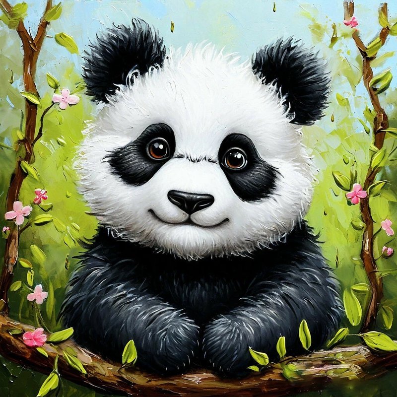 Panda in the leaves room decor painting, Panda wall art - Posters - Cotton & Hemp Multicolor