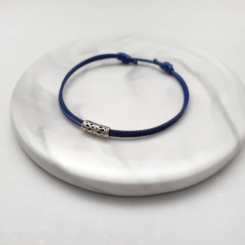 蠟線手環 s925純銀 鏤空銀管 素色簡約 蠟繩細線 - 手鍊/手鐲 - 其他材質 藍色