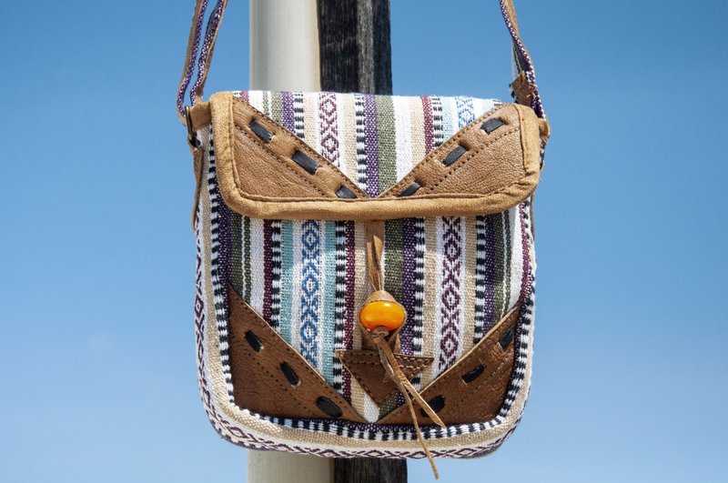 Handmade genuine leather side backpack, cowhide side backpack, woven bag, leather cross-body bag - Moroccan style blue and purple stars - Messenger Bags & Sling Bags - Genuine Leather Blue