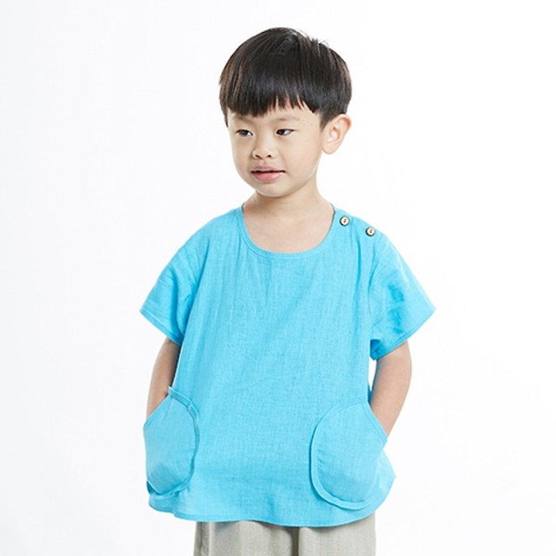 L0248 double pocket neutral short-sleeved shirt - Sky Blue - อื่นๆ - ผ้าฝ้าย/ผ้าลินิน สีน้ำเงิน