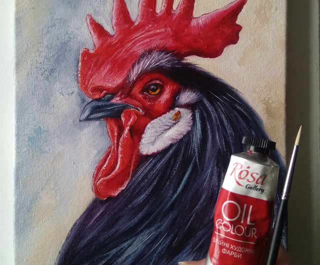 ダーク雄鶏油絵コック アート鳥の肖像画 - ショップ OlesyaArt