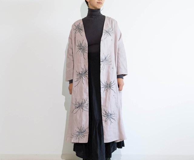 リネンロング単コート・くすみピンク・手描き墨色乱菊 - ショップ akka