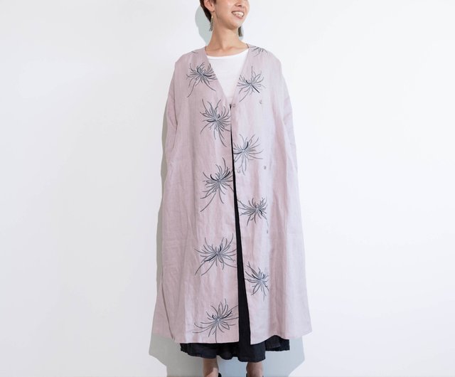 リネンロング単コート・くすみピンク・手描き墨色乱菊 - ショップ akka