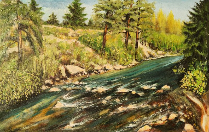 River Bank Painting Landscape Original Art - วาดภาพ/ศิลปะการเขียน - วัสดุอื่นๆ 