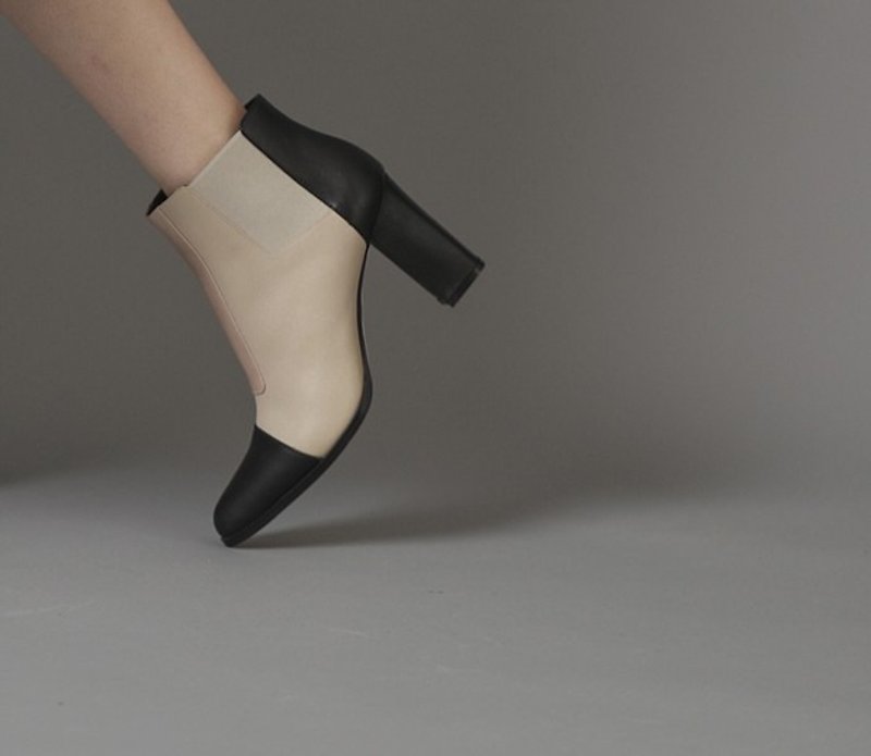 Minimalist side bandage chunky heel ankle boots black apricot - Women's Booties - Genuine Leather Khaki