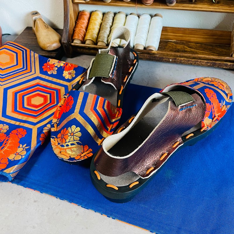 Japan Made 着物帯  ブルー×メタリックパープル　サンダル - 拖鞋 - 真皮 藍色