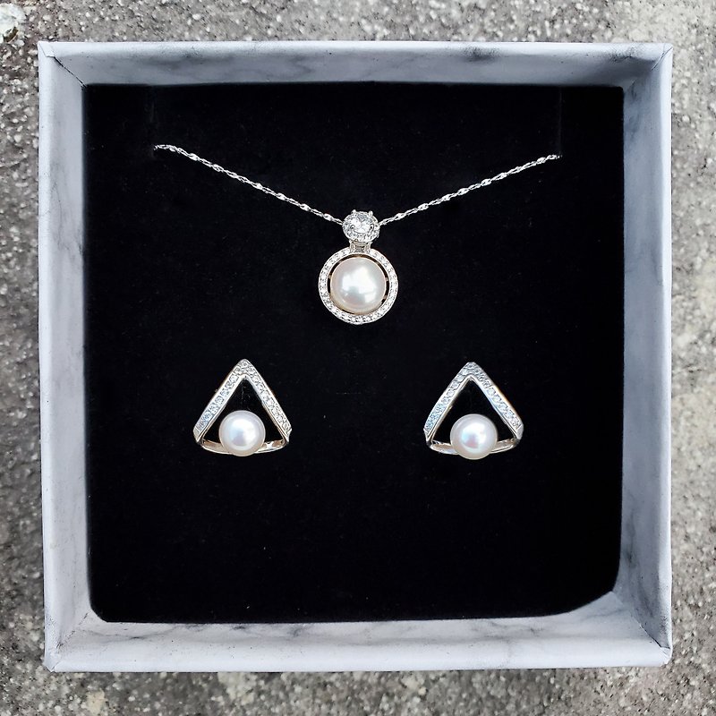 Mirror Luster Natural White Round Pearl, 925 Silver Pendant Necklace Earring Set - Earrings & Clip-ons - Pearl White
