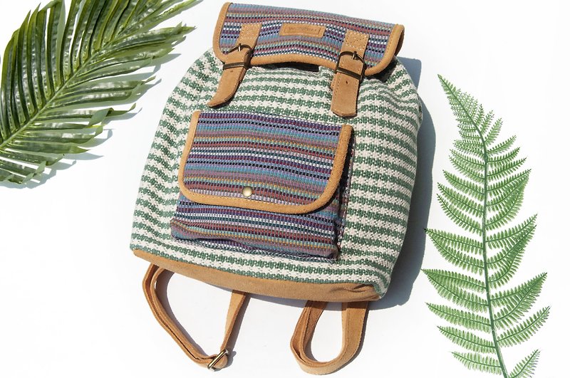 Leather splicing design backpack, suede shoulder bag, ethnic style mountaineering bag, genuine leather backpack - contrasting plaid pattern - กระเป๋าเป้สะพายหลัง - หนังแท้ หลากหลายสี