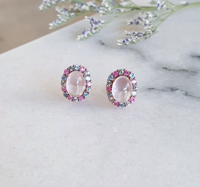 Rose quartz earrings The body is made of real silver plated with pink gold. - 耳環/耳夾/耳骨夾 - 半寶石 粉紅色
