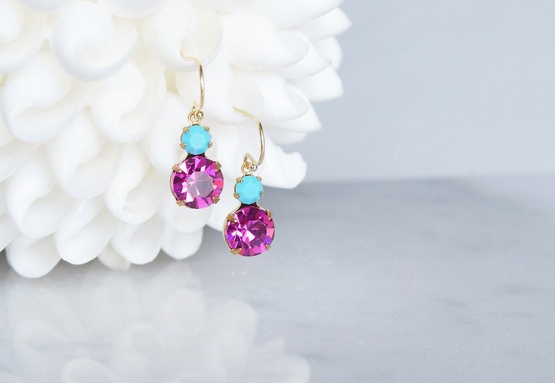 [14KGF] Rock Candy / Fuchsia & Turquoise - Earrings & Clip-ons - Glass Purple