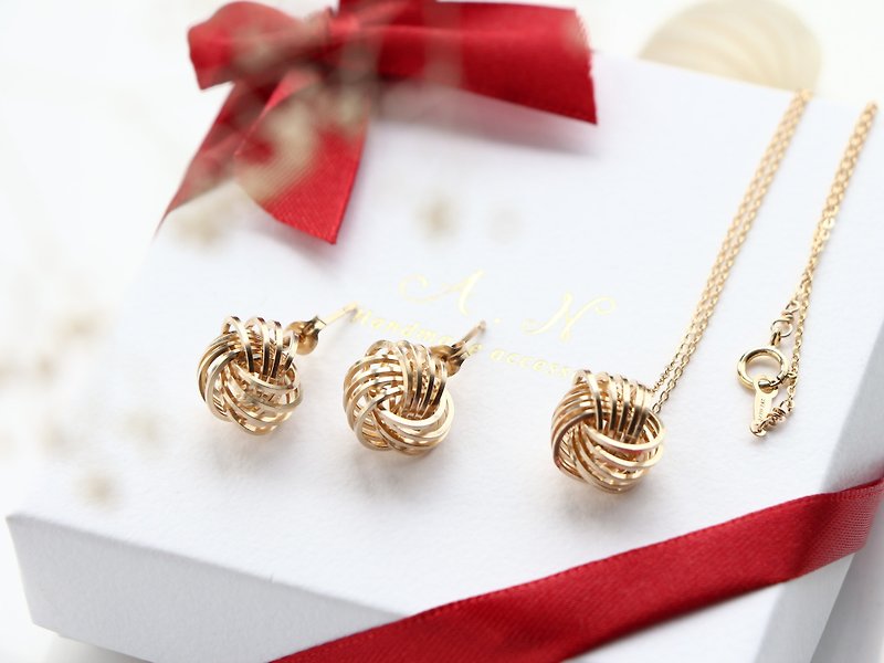 14kgf-three knot pierced earrings and necklace set - ต่างหู - เครื่องเพชรพลอย สีทอง