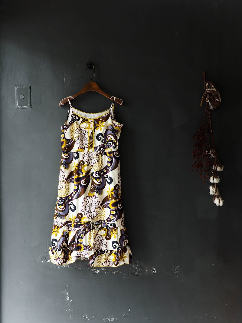River Water Mountain - Hiroshima Mustard Youth Flower Blossoms Antiques One-piece Cotton Thin Shoulder Fishtail Dress - One Piece Dresses - Cotton & Hemp Yellow