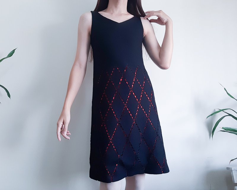 SYBILLA Black Red Wool Dress Cutwork Mod Dress Winter Wool Dress Size Xs to S - One Piece Dresses - Wool Black