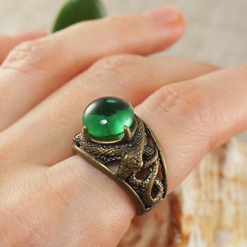 AGATIX Emerald Green Glass Bronze Snake Unisex Adjustable Free Size Ring Jewelry Gift