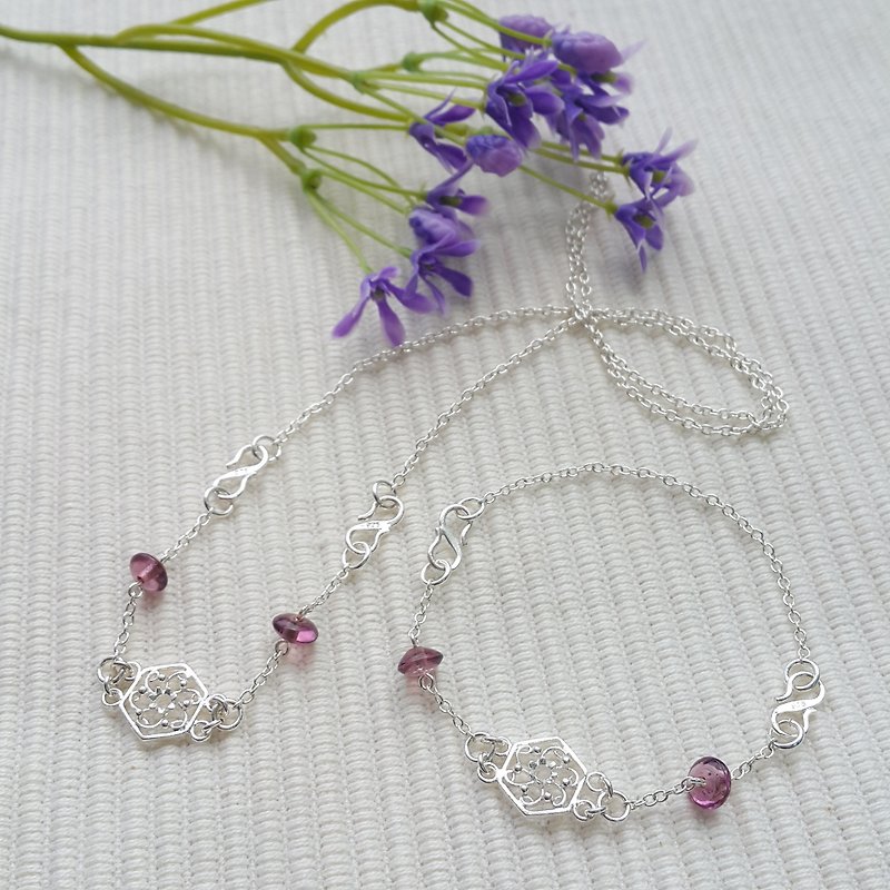 Vintage Crafted Flower Bracelet & Necklace Set  (Purple) - Necklaces - Other Materials Purple