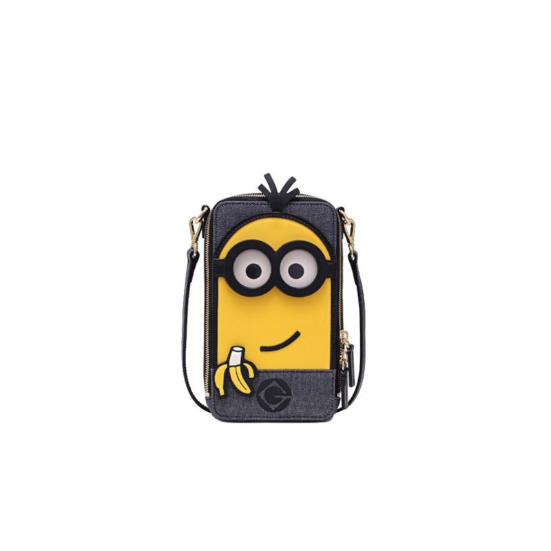 【Free Gift Event】Minions Kevin & Banana Denim with Leather Mobile Phone Bag - กระเป๋าแมสเซนเจอร์ - หนังแท้ สีน้ำเงิน