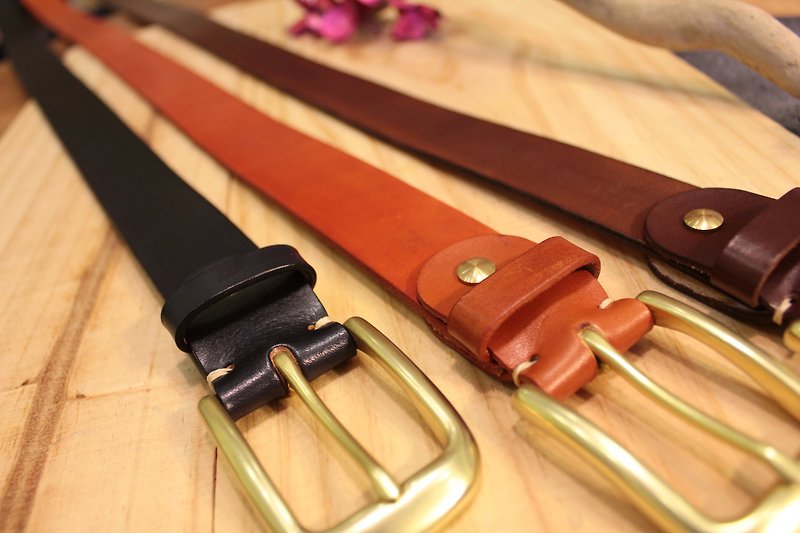 [Mini5] hand dyed handmade belt / vegetable tanned leather / brass head / unisex (black) - Belts - Genuine Leather 