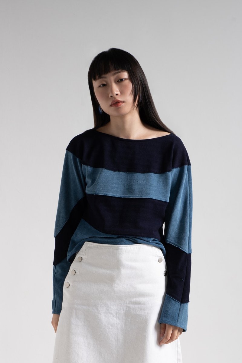 ผ้าฝ้าย/ผ้าลินิน เสื้อผู้หญิง สีน้ำเงิน - Sailor stripes denim washed knit top