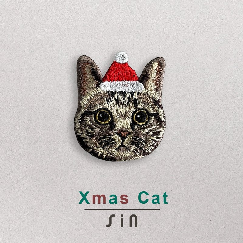 シングルカード クリスマスの子猫 - 刺繍ステッカー - ぼんやりトラ猫 (XHC0007) - ステッカー・シール - 刺しゅう糸 レッド