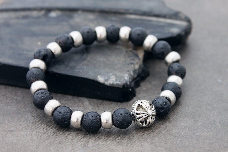 Lava Rock Beaded Bracelets Silver Chrome Charm Men Women - สร้อยข้อมือ - หิน สีดำ