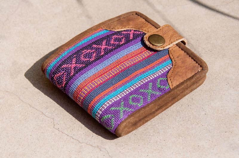 Hand-woven stitching leather short clip short wallet coin purse woven short clip-ethnic style purple magic - กระเป๋าสตางค์ - หนังแท้ สีม่วง