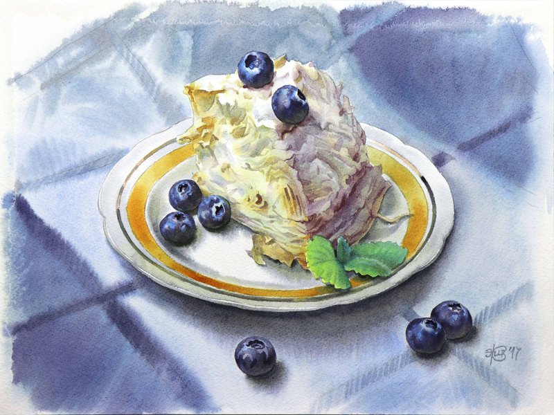 Cake original watercolor painting by artist Irina Zhunaeva - 壁貼/牆壁裝飾 - 紙 藍色