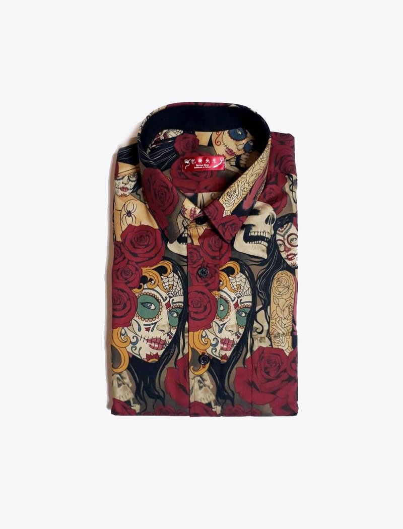 插畫家系列 骷顱花女人 手工襯衫 Shirt - 男襯衫/休閒襯衫 - 棉．麻 多色