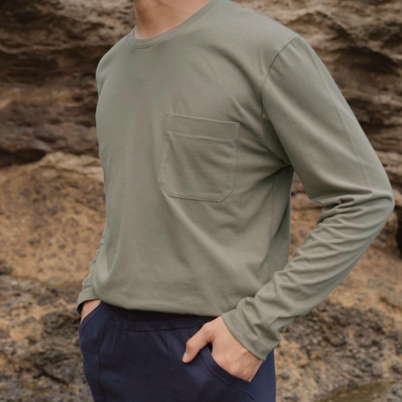 Men's Ribbed Collar Long Sleeve Top - Olive Green - เสื้อยืดผู้ชาย - ผ้าฝ้าย/ผ้าลินิน สีเขียว