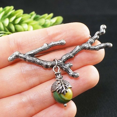 AGATIX Silver Branch Green Agate Acorn Forest Nature Woodland Boho Jewelry Brooch Pin