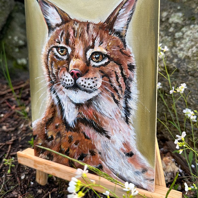 Lynx painting Bobcat original acrylic art on cardboard 18x24 cm Big cat wall art - 壁貼/牆壁裝飾 - 紙 綠色
