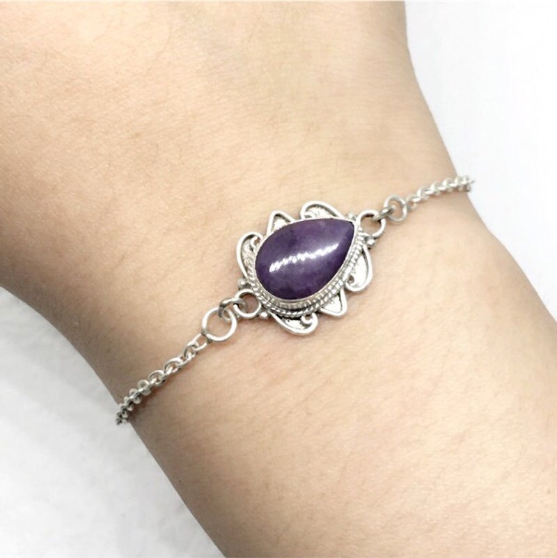 舒俱徠石925純銀異國風格手鍊 尼泊爾手工鑲嵌製作(款式3) - 手鍊/手環 - 寶石 紫色