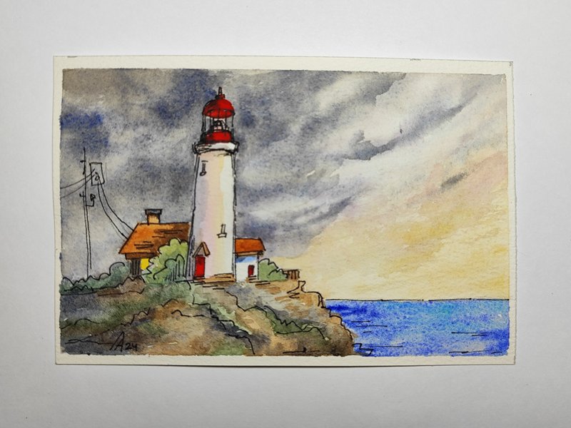 Lighthouse painting original watercolor painting seascape art - 海報/掛畫/掛布 - 紙 多色