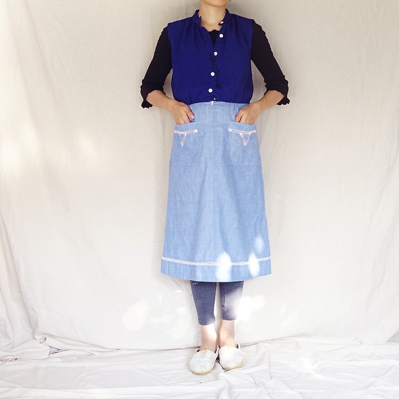 BajuTua / vintage / two-tone blue collar vest dress - One Piece Dresses - Cotton & Hemp Blue
