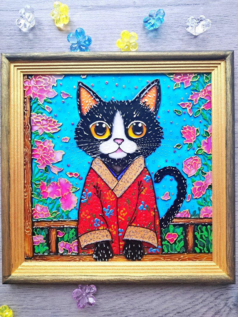 Hand painted samurai black cat kimono Original stained glass painting Magnolia - Wall Décor - Glass Multicolor