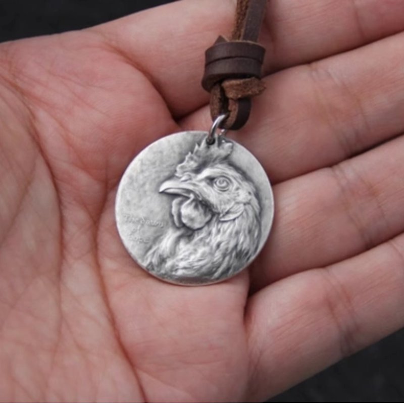 Zodiac, sterling silver necklace, commemorative coins, carvings, gifts, chickens - Necklaces - Sterling Silver 