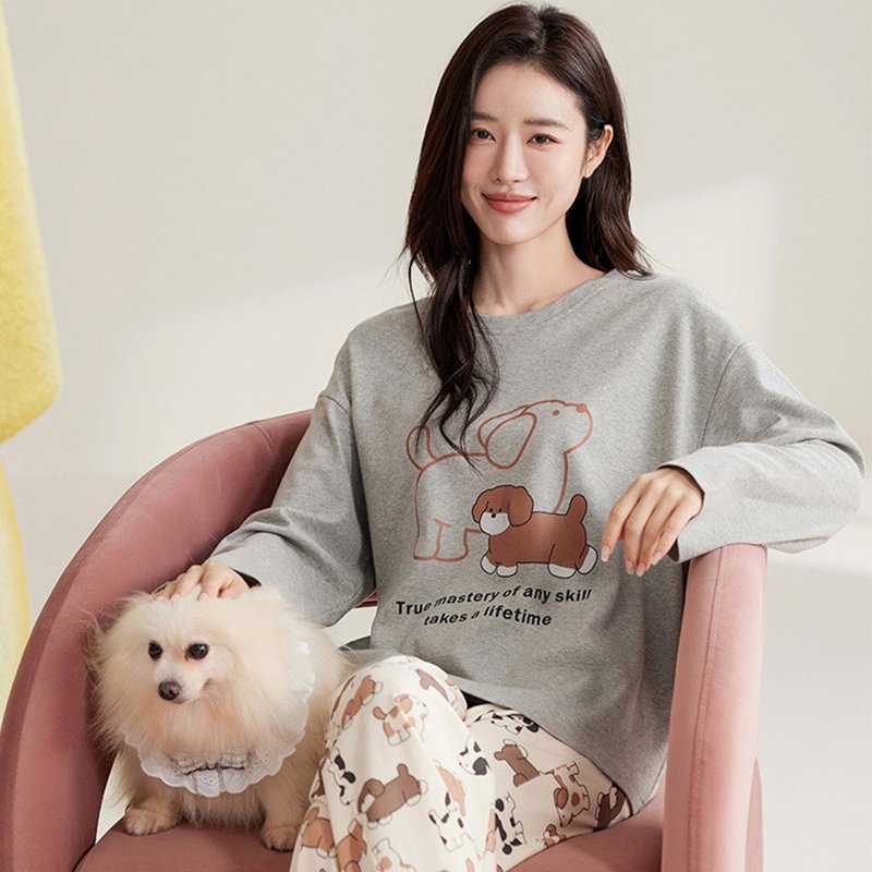 Pink Lady 小狗遊行 長袖成套睡衣 棉質印花寬版秋冬兩件式居家服 - 睡衣/居家服 - 其他人造纖維 灰色