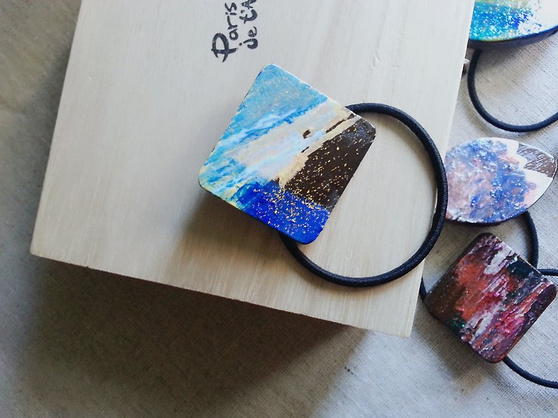 Snow.art square piece of wood painted decorative rubber band JULY-B - Hair Accessories - Wood 