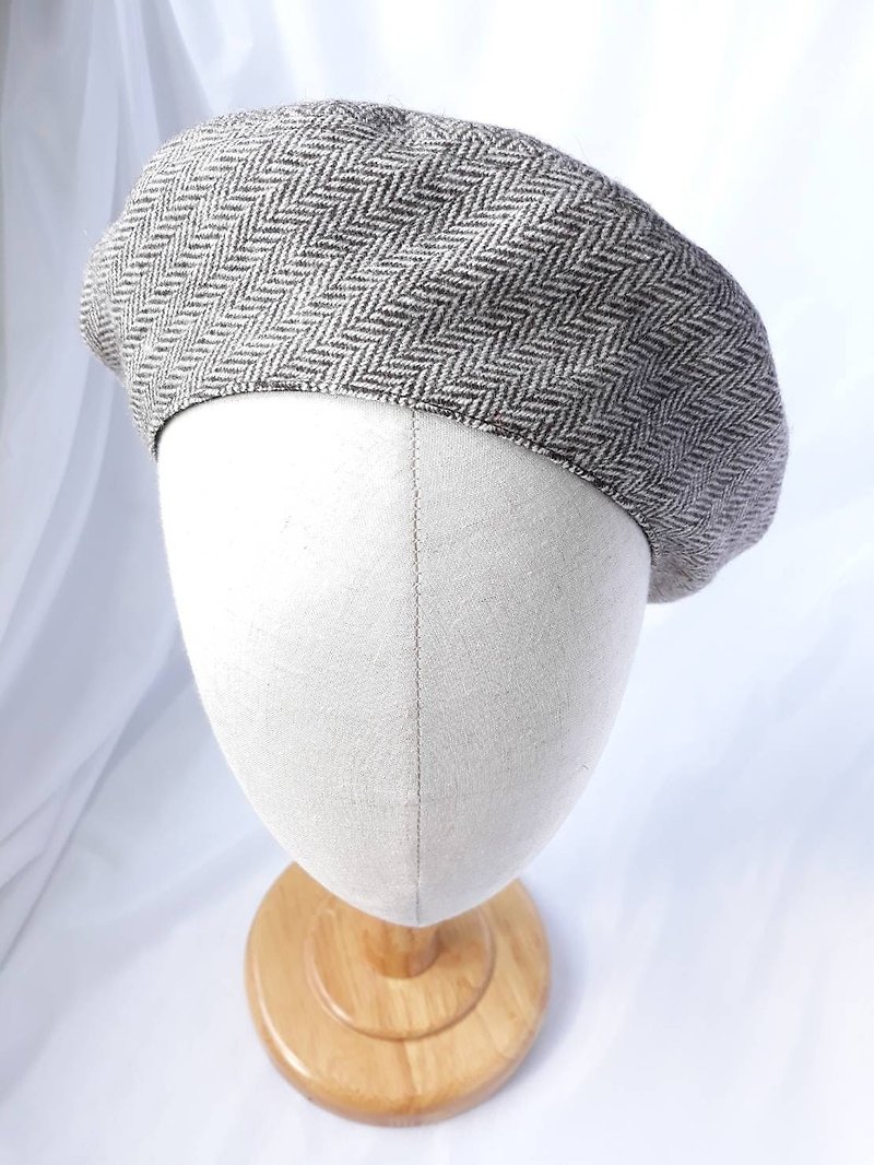 Coffee herringbone textured pure wool beret (Beret) - Hats & Caps - Wool Brown