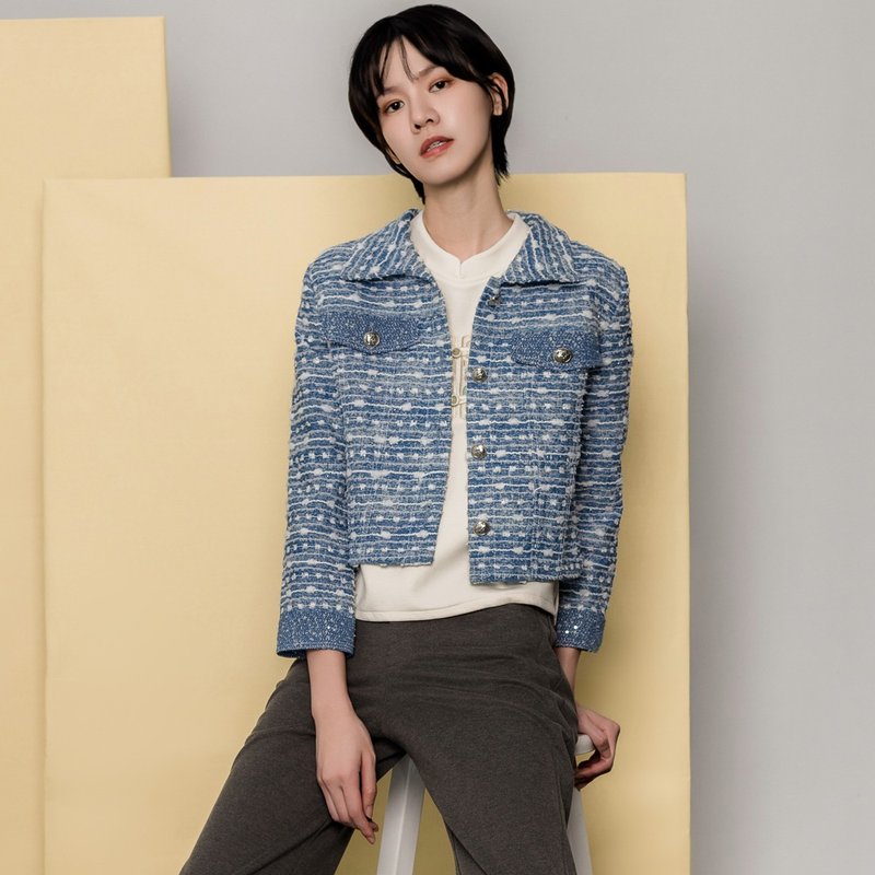 【MEDUSA】Textured Sequin Splicing Denim Jacket - เสื้อแจ็คเก็ต - ผ้าฝ้าย/ผ้าลินิน สีน้ำเงิน