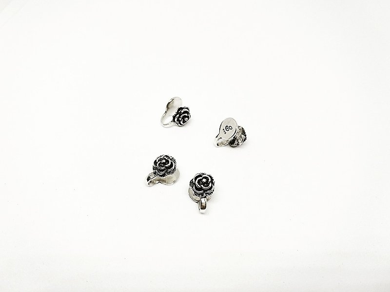 S Lee-925 Silver Handmade Little Lady Series - Black Rose Ear Clips / Earrings - ต่างหู - เงินแท้ 