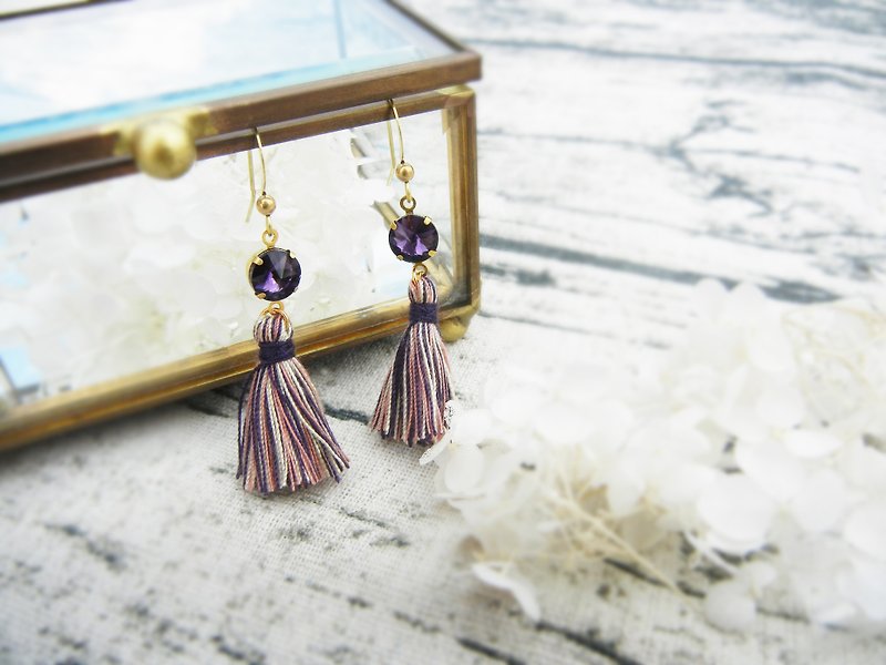 *coucoubird*grape purple diamond tassel earrings - ต่างหู - เครื่องเพชรพลอย สีม่วง