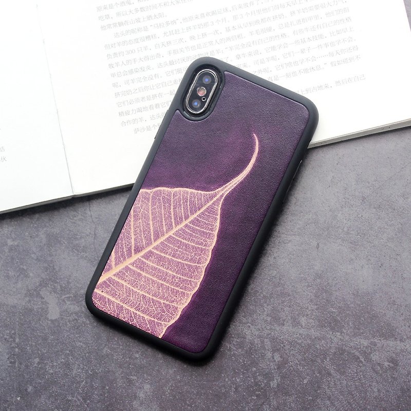 Deep purple bodhi leaf iphone 11 pro 7 8 plus x xs max xr mobile phone shell customization - เคส/ซองมือถือ - หนังแท้ สีม่วง