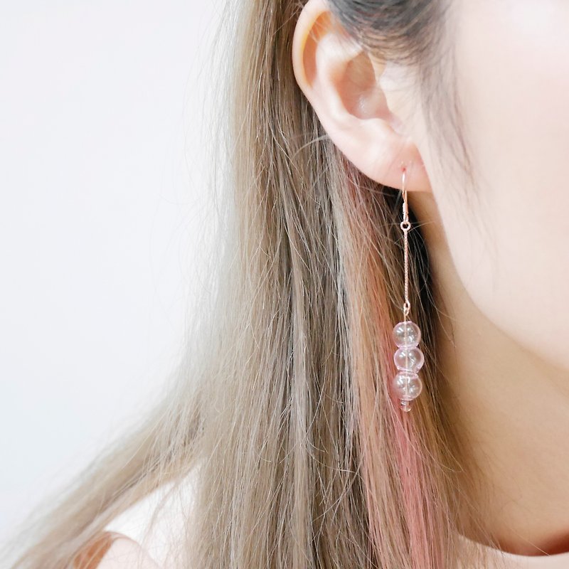 簡約Bubble Bubbles 立體氣泡玻璃球粉紅色18K 玫瑰金純銀耳環 - 耳環/耳夾 - 玻璃 粉紅色