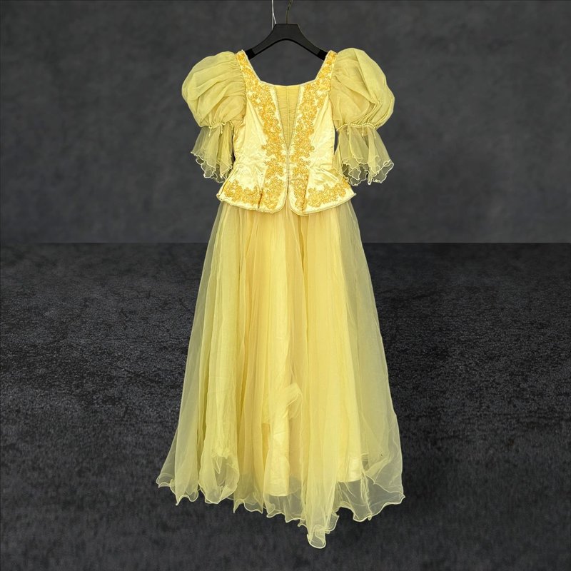 網紗 拼接 緞面 泡袖 手工訂製 珠飾 亮片 禮服 短袖 洋裝 PMF17 - 禮服/小禮服 - 聚酯纖維 黃色