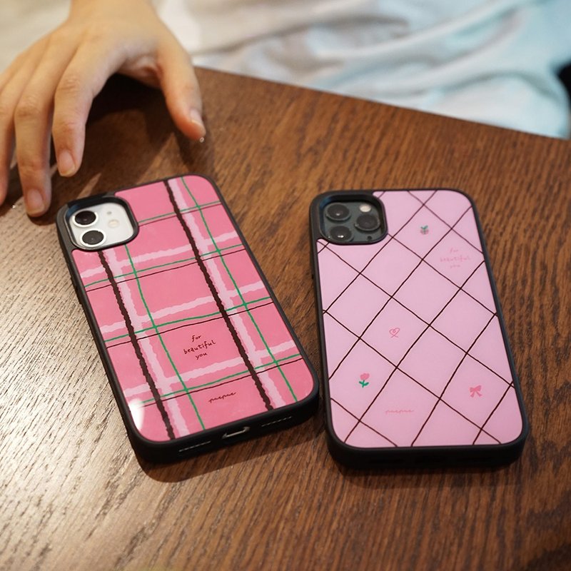 手機殼 淺粉菱格 玫粉格紋 藍色串珠 磨砂黑框 - 手機殼/手機套 - 塑膠 多色