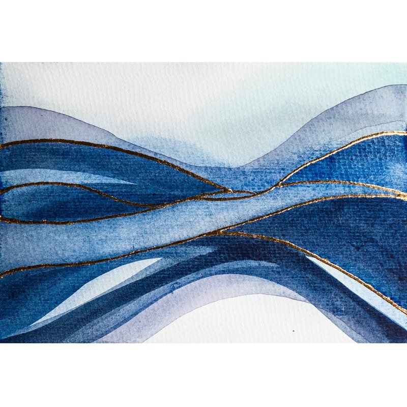 Abstract Watercolor Landscape Original Painting Indigo Blue Gold Wall Art - โปสเตอร์ - กระดาษ สีน้ำเงิน