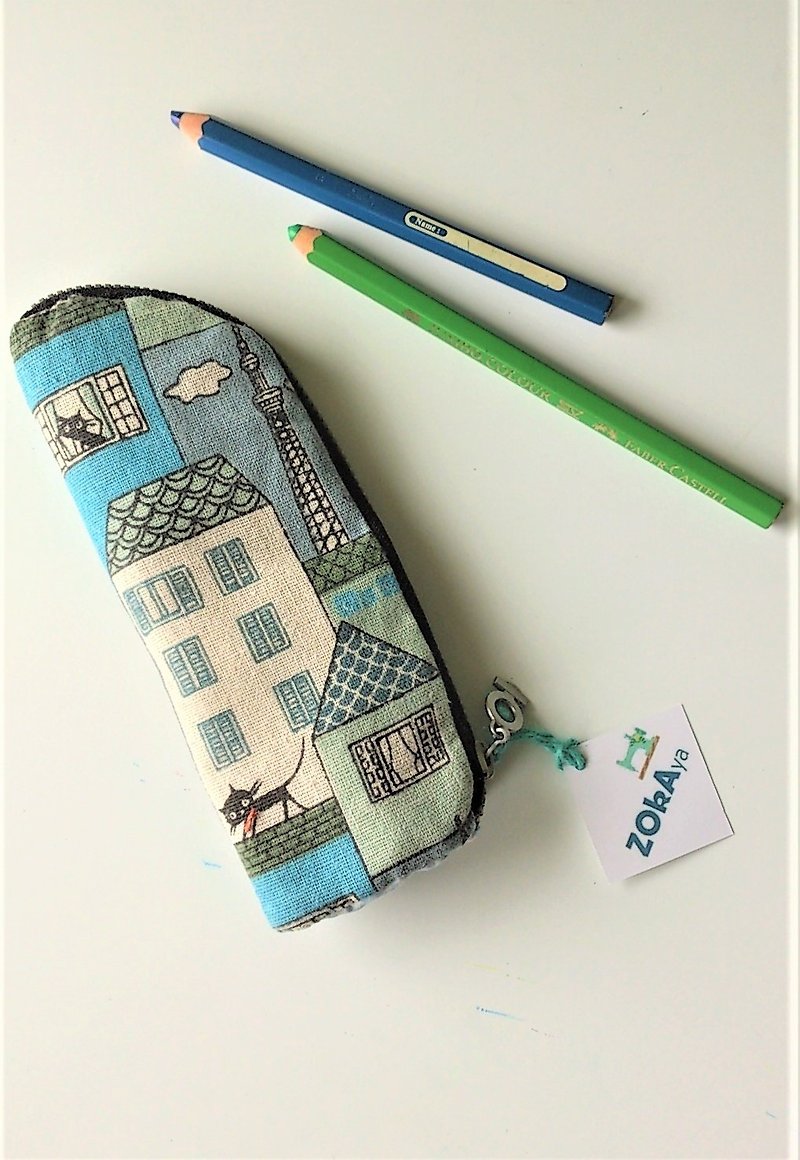 Standing Pen Case - Small (Turquoise Black Cat) - Pencil Cases - Cotton & Hemp Blue